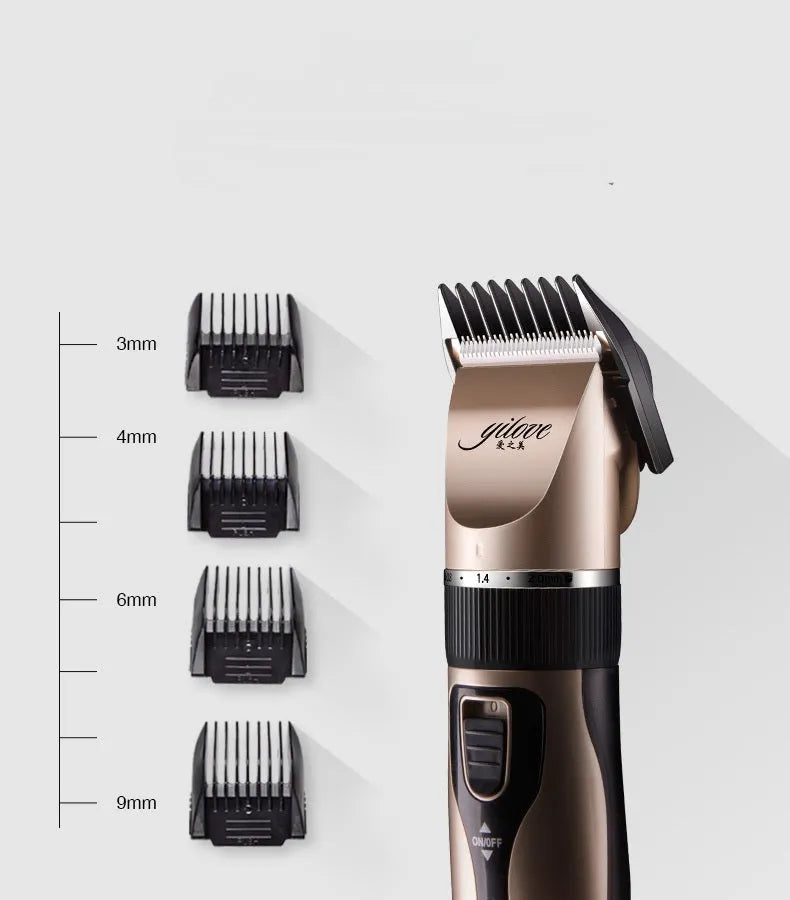 Golden professional pet grooming kit with cordless clippers, four comb attachments, nail clippers, and cleaning brush