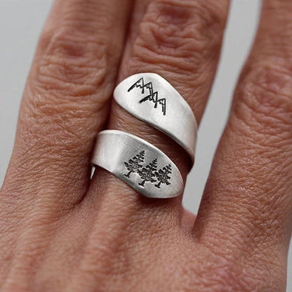 Mountain forest opening adjustable ring in ancient silver, lightweight and durable alloy construction