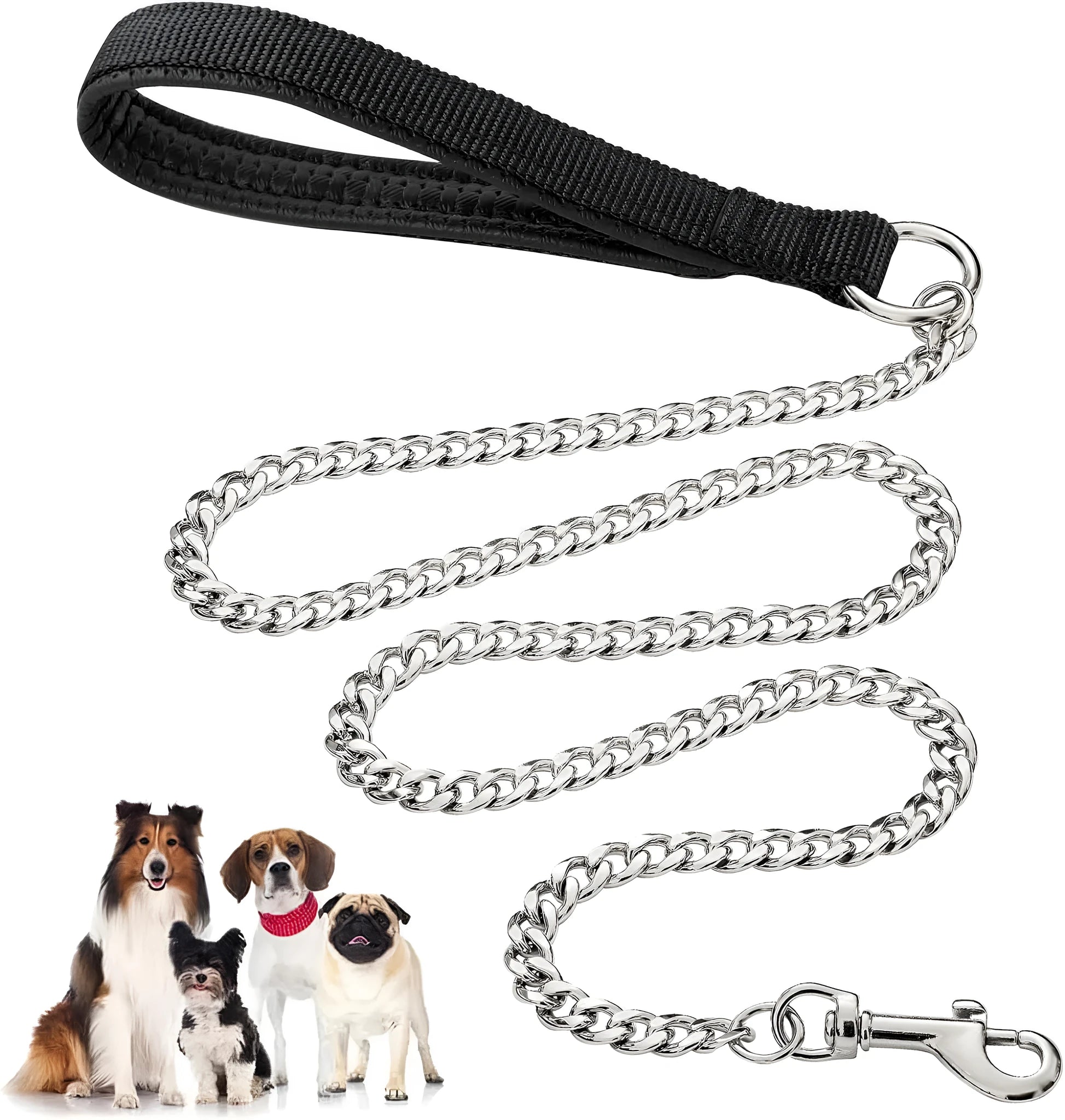 Heavy duty metal dog leash with a soft black padded handle and a silver chain, shown alongside blue and red colour options.