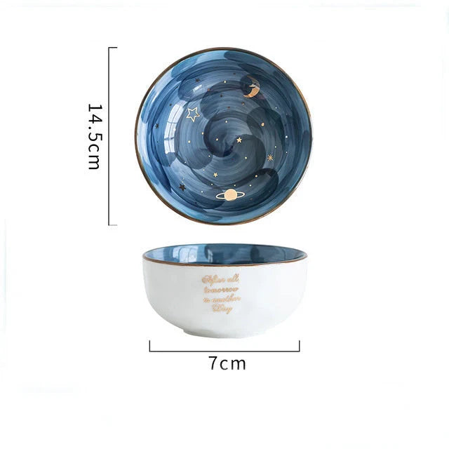 Nordic style ceramic breakfast salad bowl with star pattern in green, light blue, pink, and blue