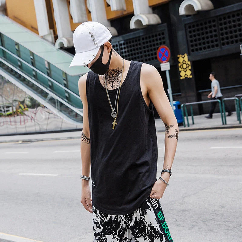 Men's cotton sleeveless scoop tank top with printed design in various colours