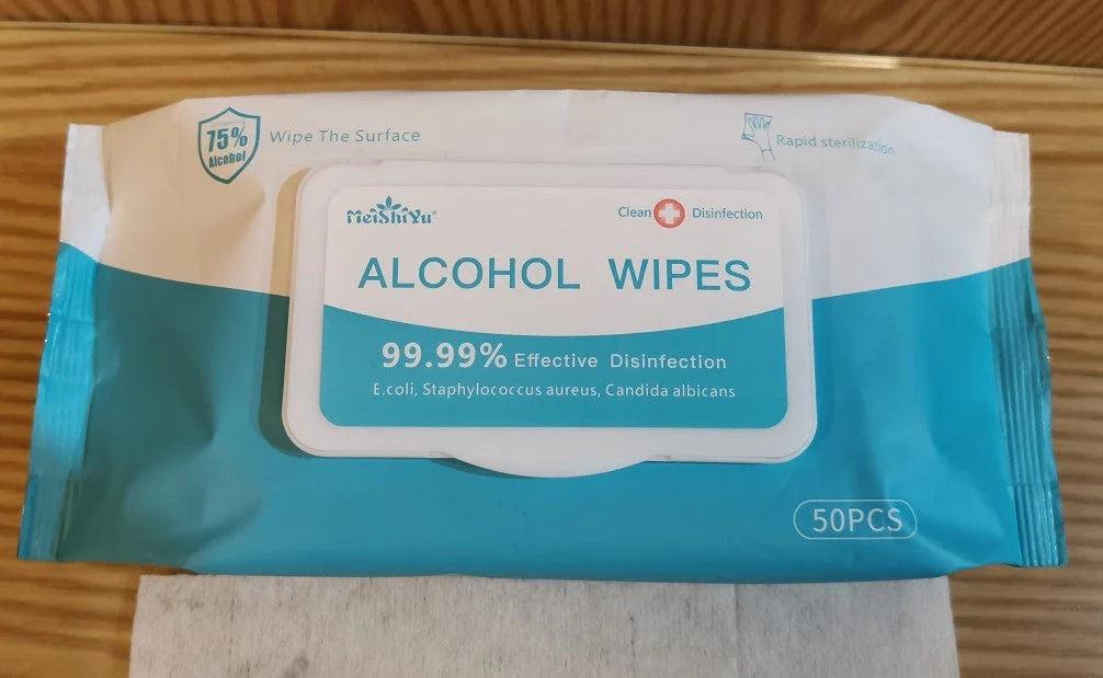 50PCS alcohol wipes for effective disinfection, measuring 180mm x 150mm