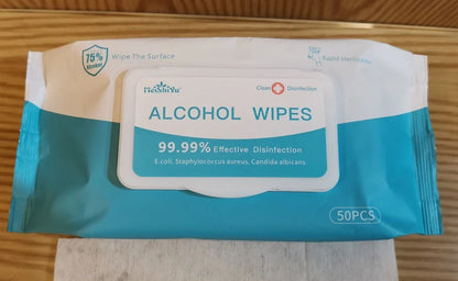 50PCS alcohol wipes for effective disinfection, measuring 180mm x 150mm