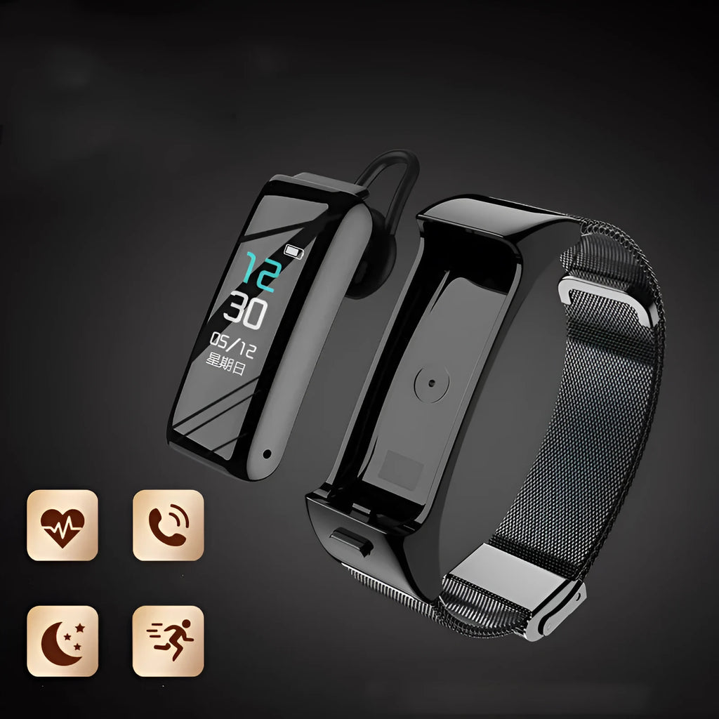Bluetooth smart watch with call functions showing touch screen and choice of leather, silicone or steel straps