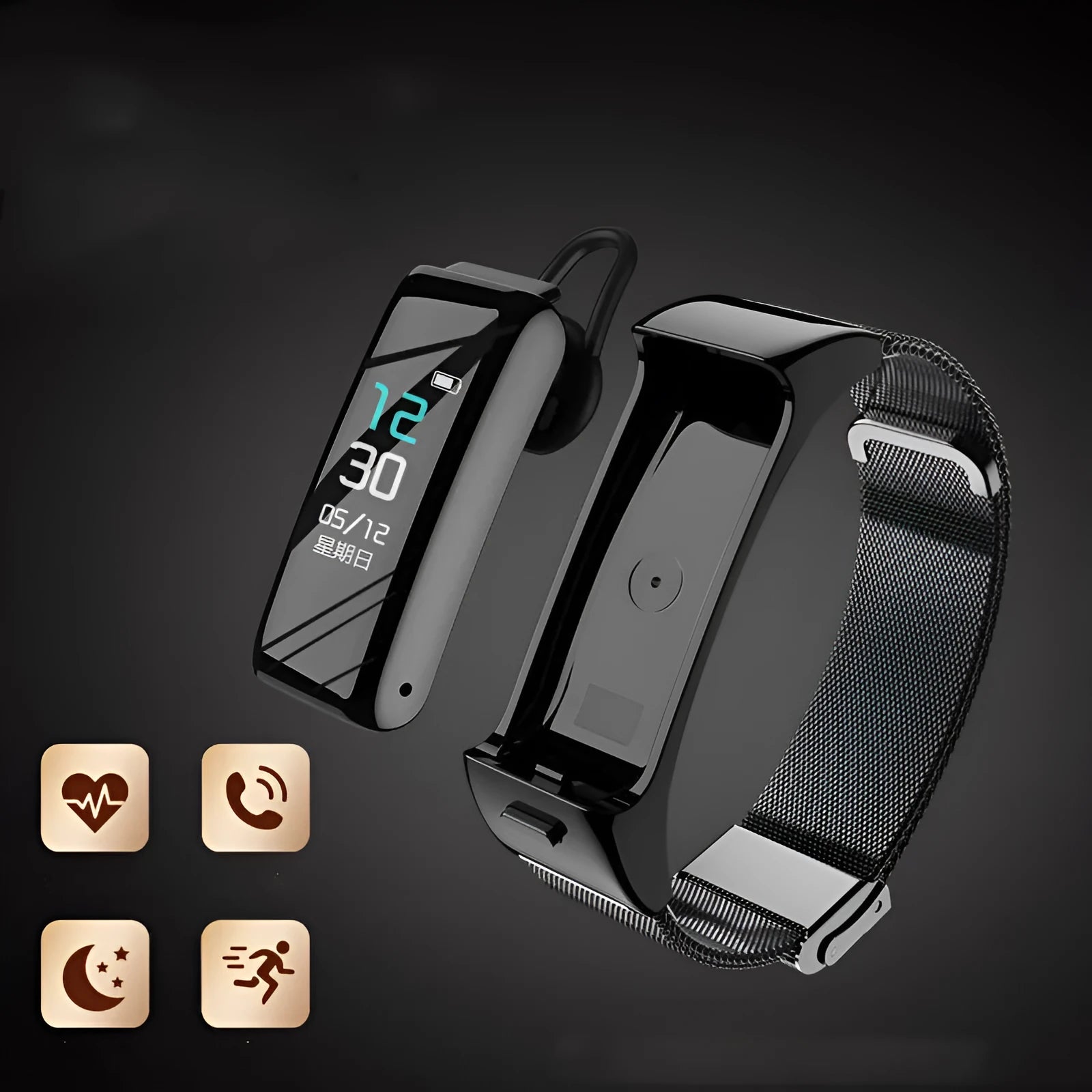 Bluetooth smart watch with call functions showing touch screen and choice of leather, silicone or steel straps