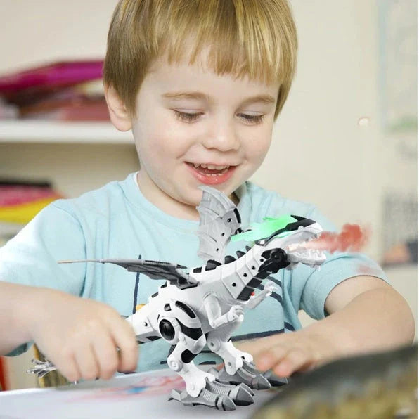 Walking dragon toy with fire breathing and water spray features in vibrant colours