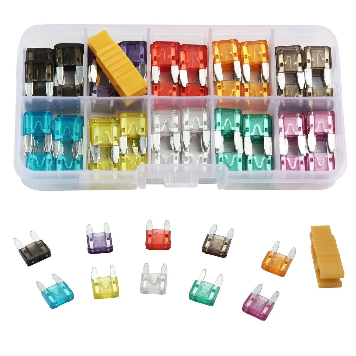 120 pieces of small car fuses in assorted colours with transparent housing for easy inspection
