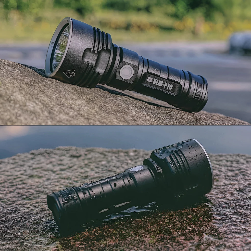 Rechargeable super bright LED flashlight with focusing beam and aluminum alloy body