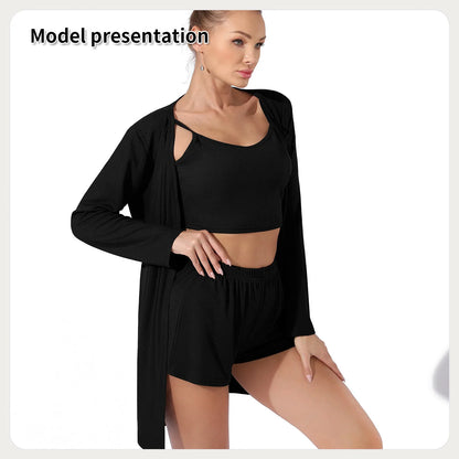 Women's solid colour suit set in Black or Coffee, includes top, shorts, and jacket