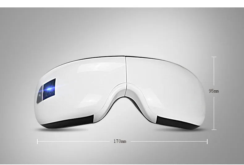 Bluetooth music eye massager in pearl white with air pressure hot compress, featuring foldable leather case