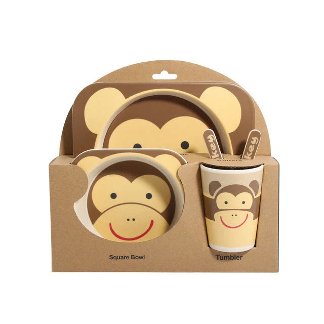 Five-piece bamboo fibre children's tableware set with vibrant animal-themed designs