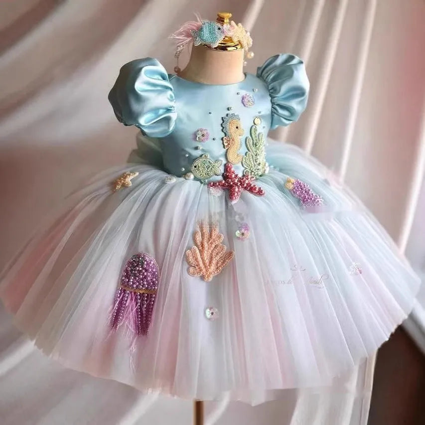Sky blue girls FARCENT princess dress with bubble pettiskirt on child model showing full skirt shape