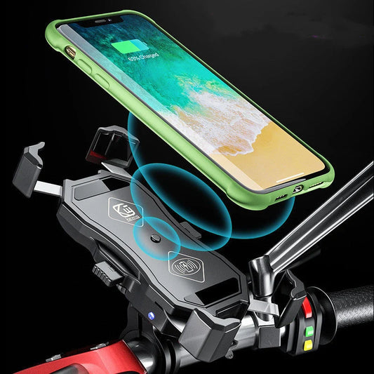 Motorcycle 15W wireless charging mobile phone holder in black with secure grip and waterproof design
