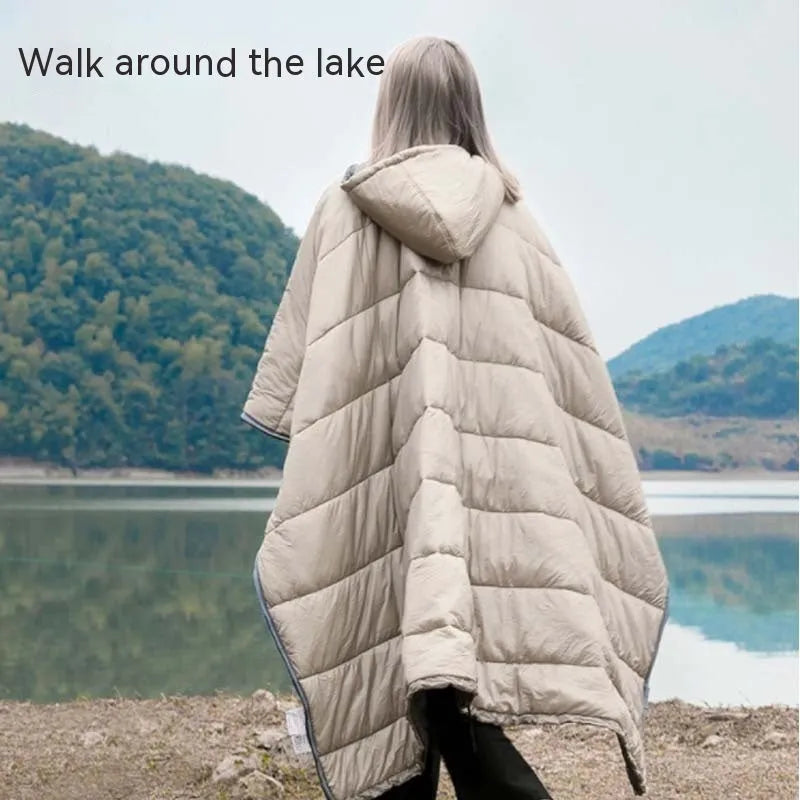 Army Green outdoor cloak sleeping bag worn as garment showing 200x140cm dimensions