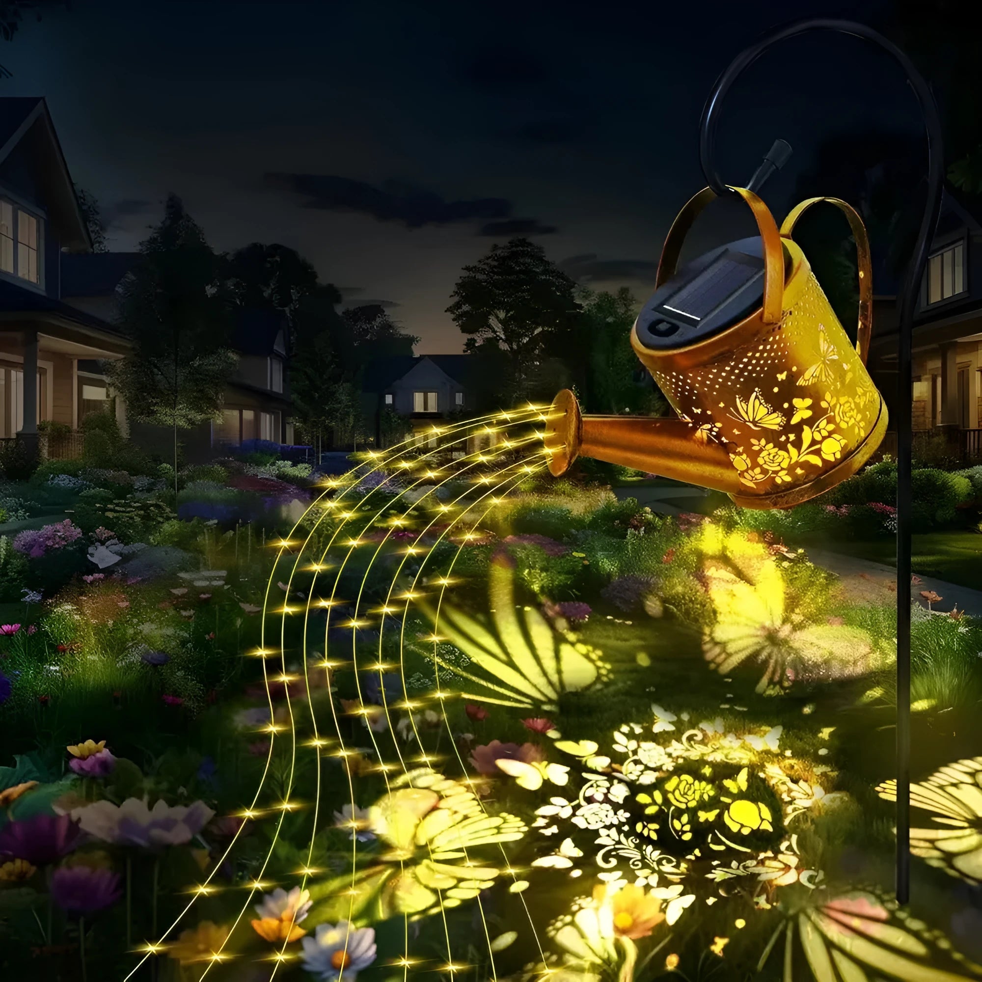 Solar-powered butterfly kettle courtyard lamp with wrought iron construction for outdoor garden decoration
