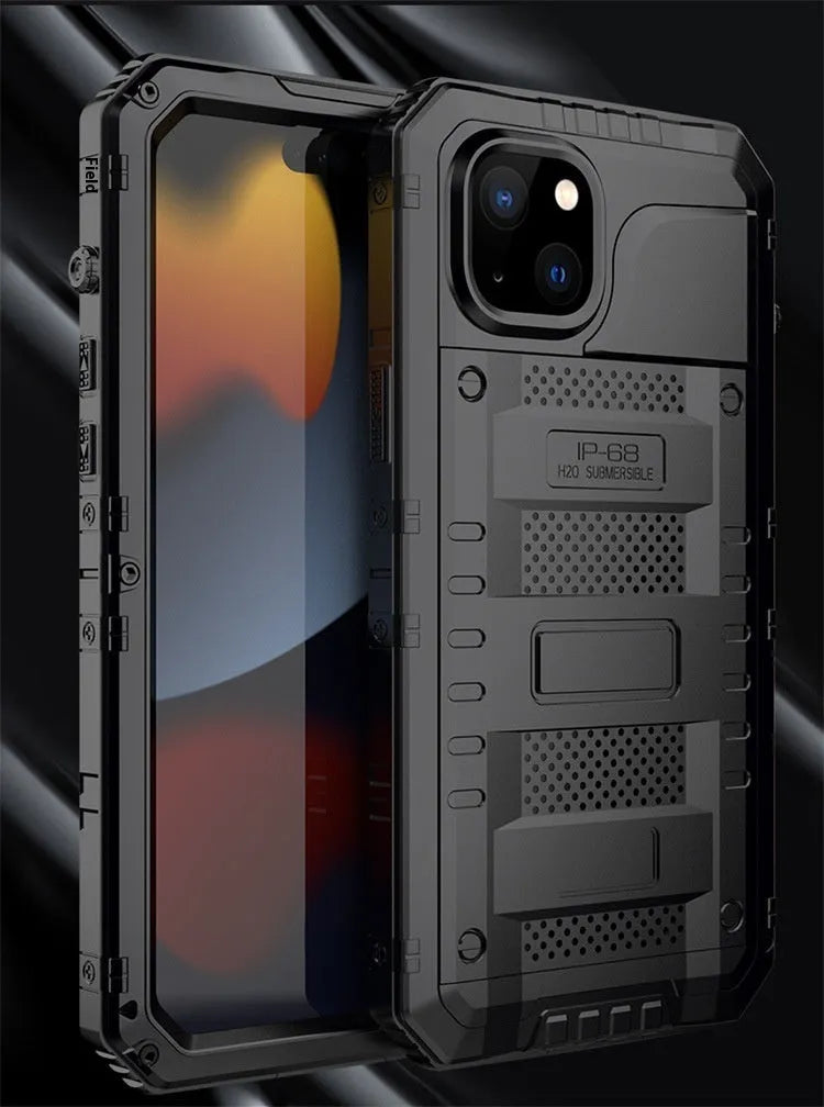 Outdoor sports metal phone case for iPhone 15, two-in-one design, alloy frame, black colour
