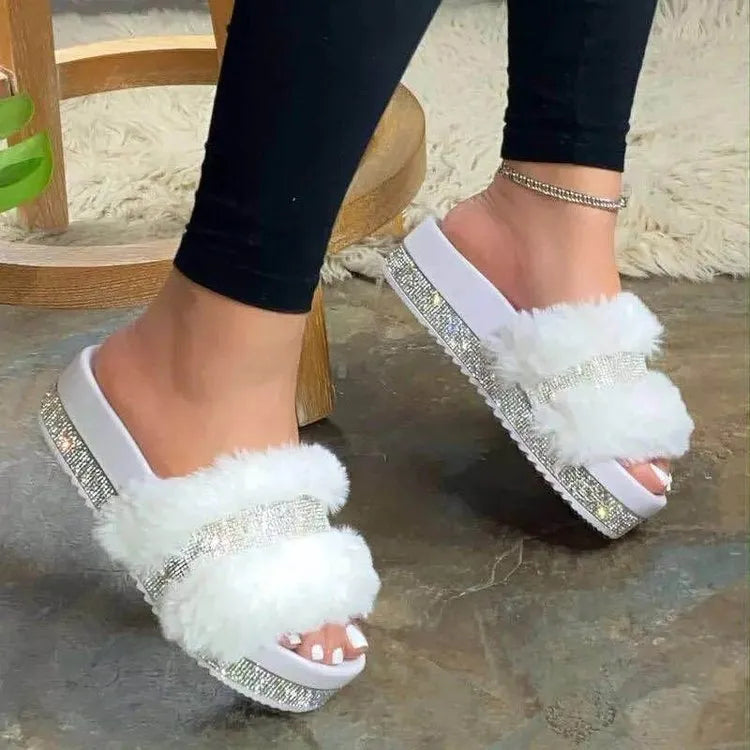 Women bling fluffy slippers with rhinestone hollow design, platform wedge heel, and non-slip rubber sole
