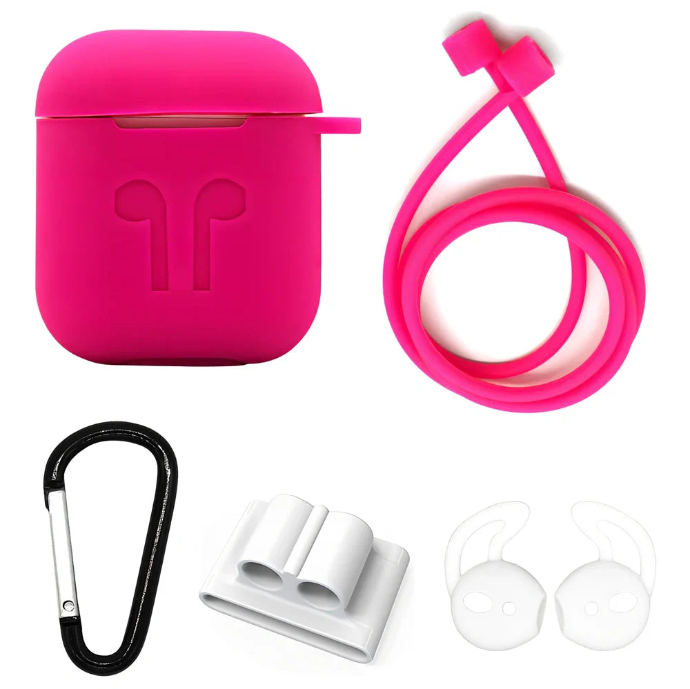 Black silicone protective cover for AirPods with 10cm anti-loss rope, hanging buckle, and earplug sleeves, weighing 36g total