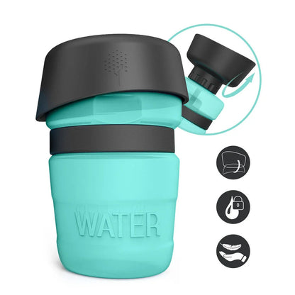 Foldable dog water bottle with integrated bowl in blue, rose red, and tiffany blue