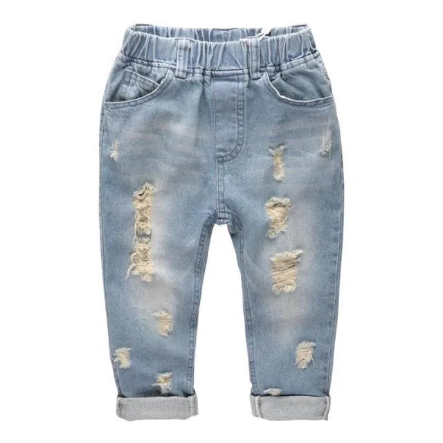 Light blue cotton slim jeans for children with regular waist, front view, 100cm size