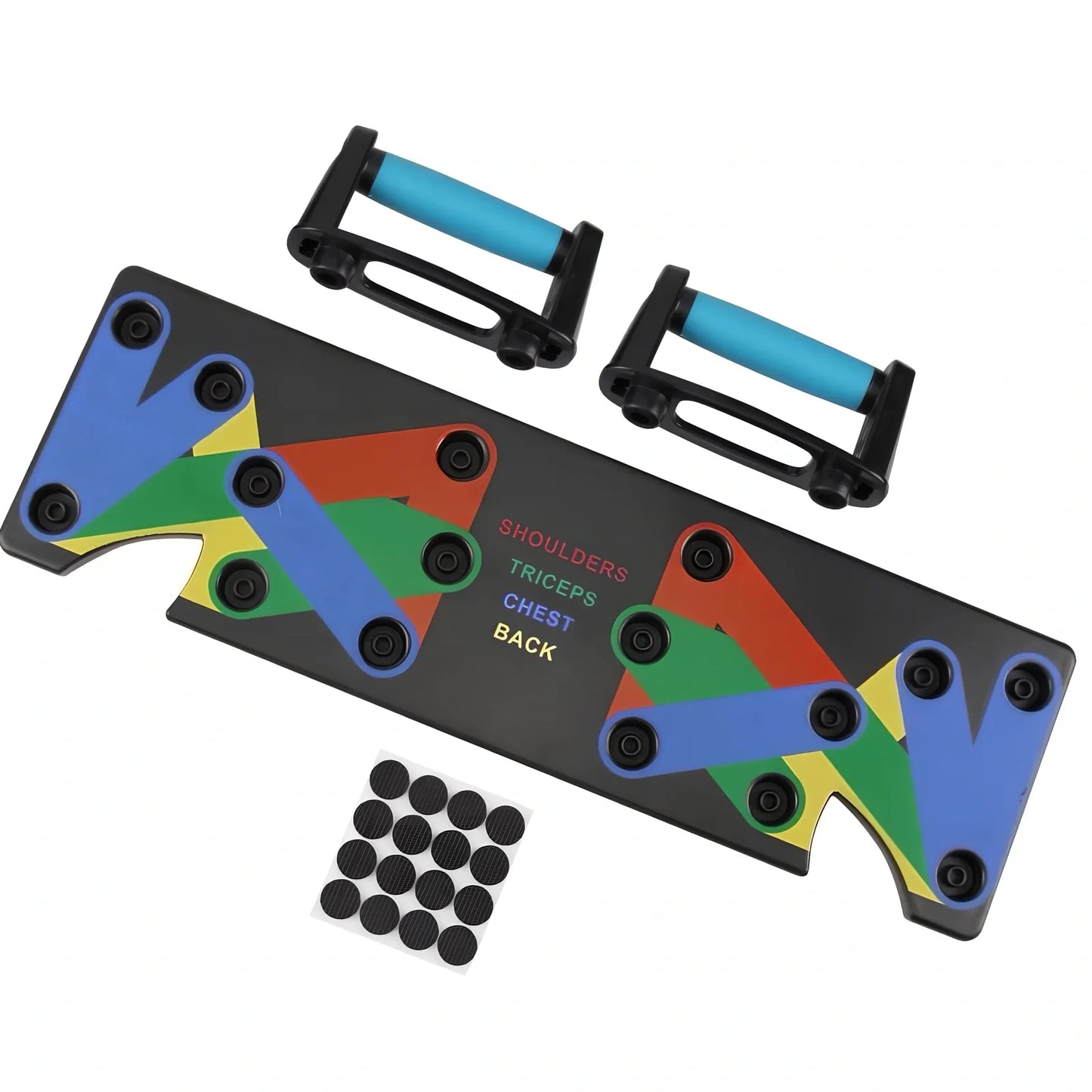 Black 9-in-1 Push-Up Rack Edge with colour-coded plates and silicone handles for upper body training, 60 x 18.5 x 2 cm size