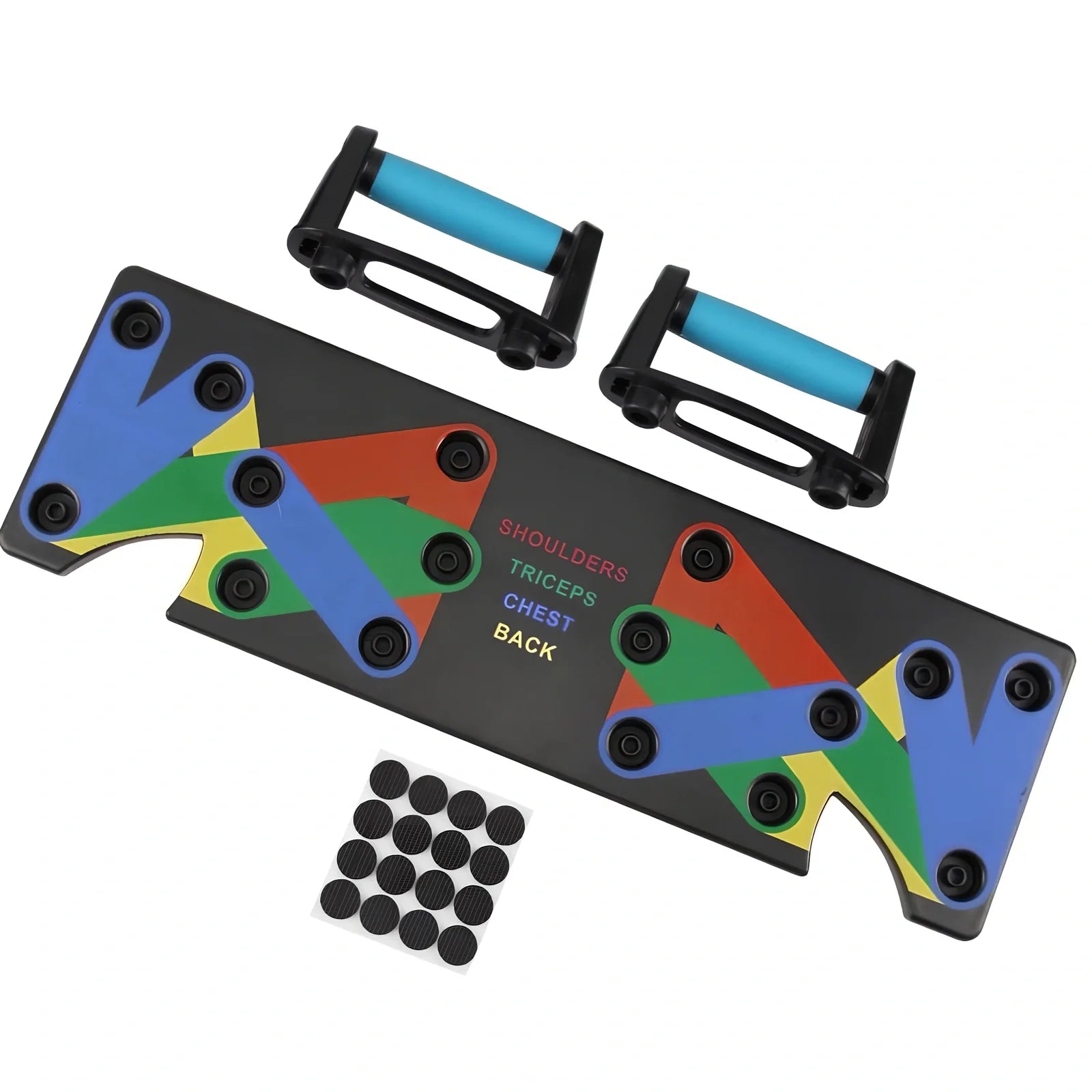 Black 9-in-1 Push-Up Rack Edge with colour-coded plates and silicone handles for upper body training, 60 x 18.5 x 2 cm size