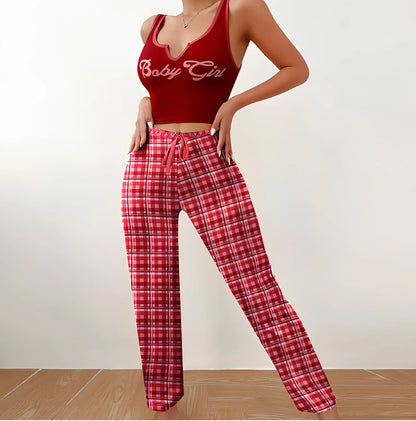 Women's plaid pyjama set with sleeveless letter print top and coordinating trousers for versatile homewear