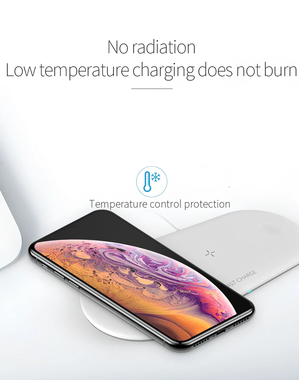 Black three-in-one wireless charger for iPhone at 10W, AirPods and Apple Watch at 5W, Qi standard with rubber base