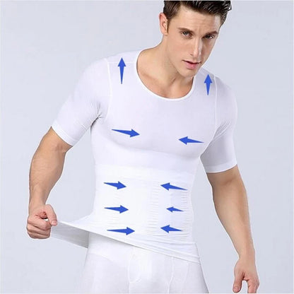 Men's slimming compression t-shirt in blue, black, or white, offering waist protection and support.