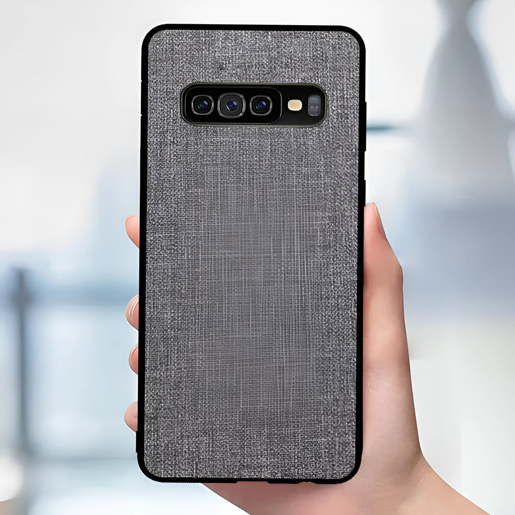 Canvas phone case for Samsung Galaxy in six colour options: black, blue, brown, grey, pink, and red.