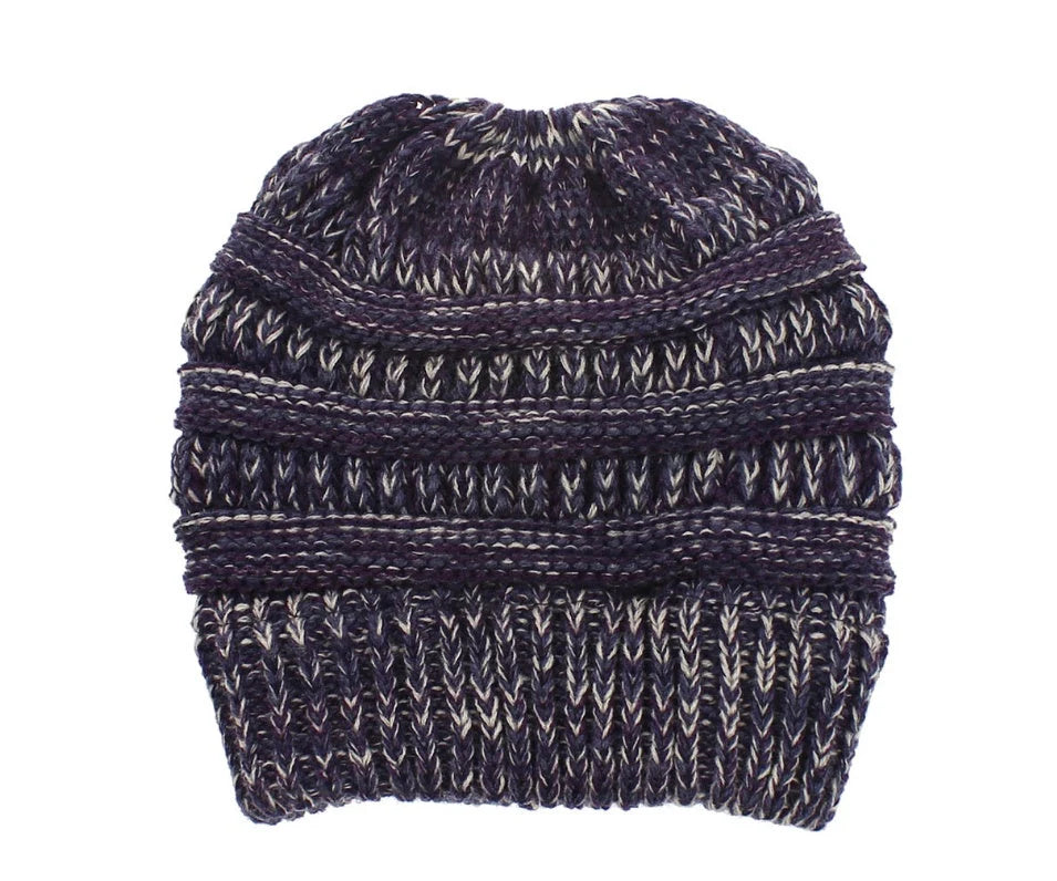 Mixed colour knitted wool hat for ladies with ponytail opening, available in various colours