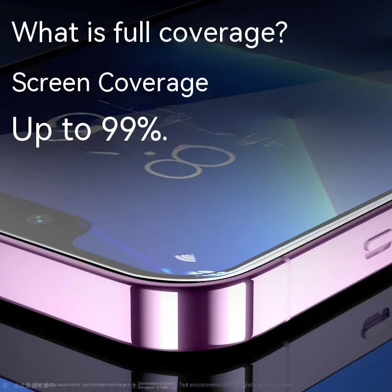 Two-pack dust-free tempered glass screen protector for iPhone, showing HD and privacy variants.