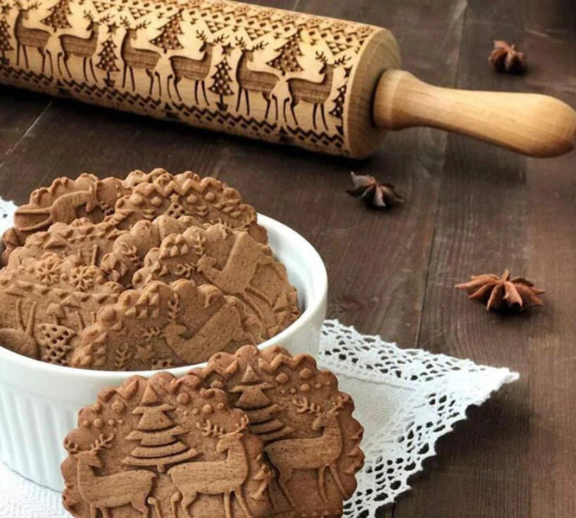 Wooden Christmas embossing rolling pin with non-stick surface for festive baking