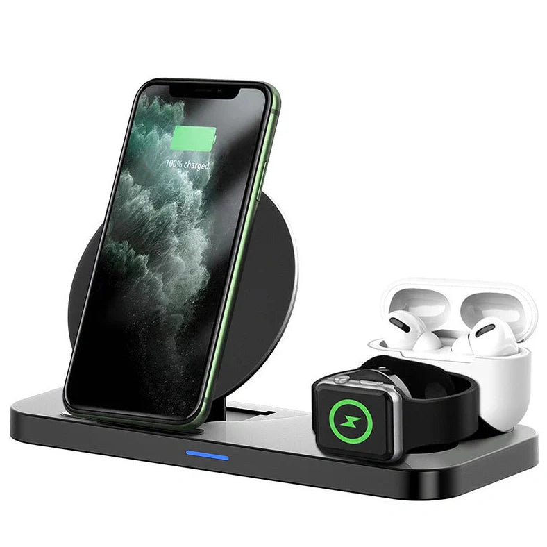 Black 3-in-1 wireless fast charger showing iPhone, Apple Watch and AirPods charging simultaneously on 210mm × 130mm surface