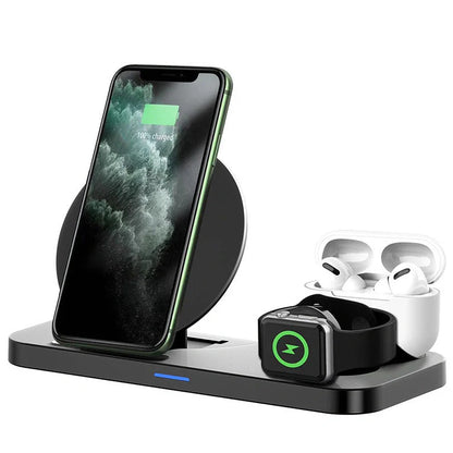 Black 3-in-1 wireless fast charger showing iPhone, Apple Watch and AirPods charging simultaneously on 210mm × 130mm surface