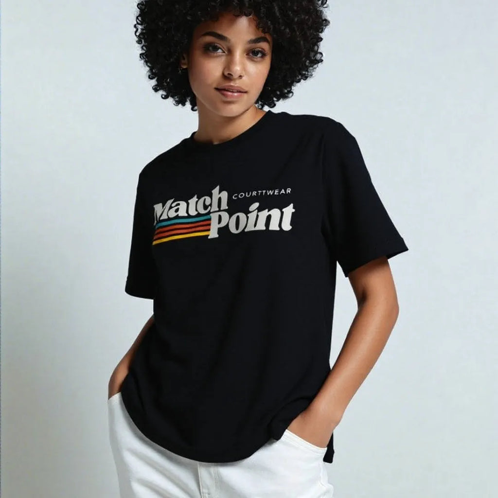 Black men's short sleeve tee shirt with a printed text pattern on the front.