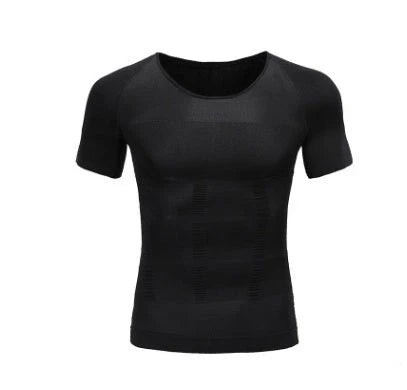 Men's slimming compression t-shirt in blue, black, or white, offering waist protection and support.