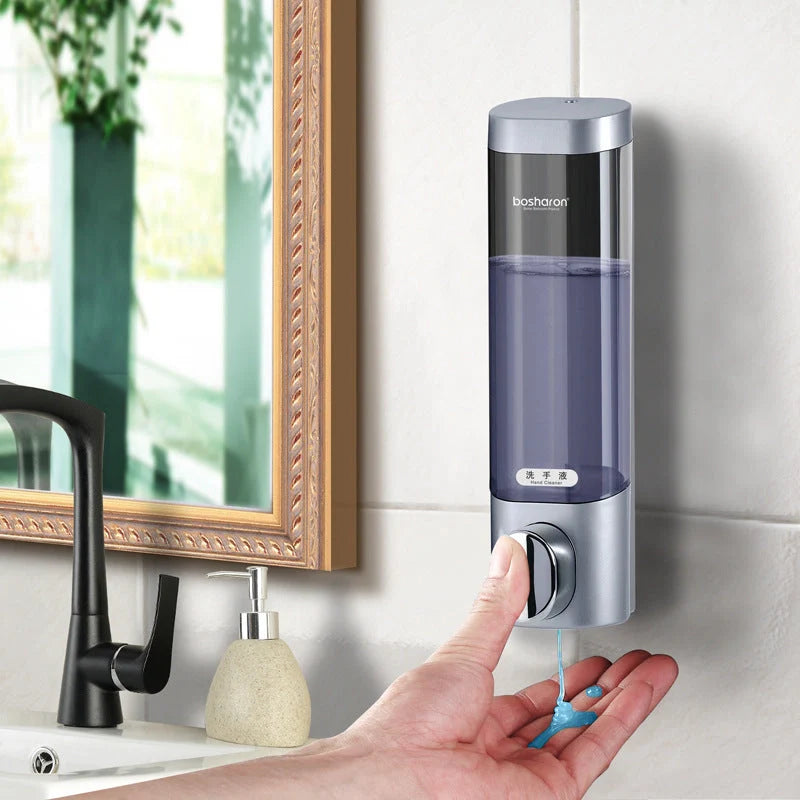 Wall-mounted three-head soap dispenser in white, silver grey, and gold options