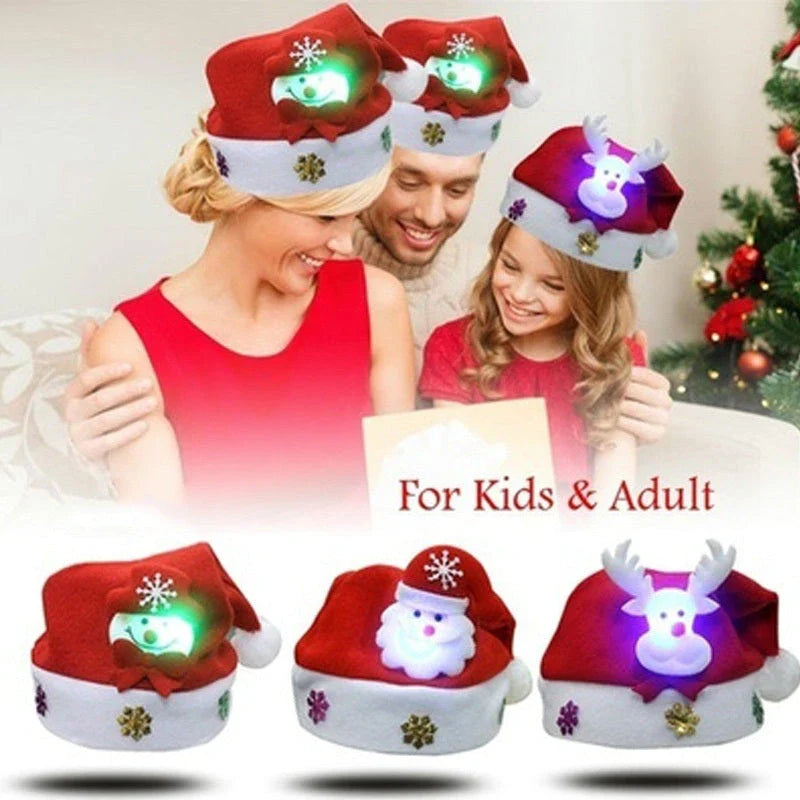 Christmas LED Luminous Hat in red with cartoon applique, available in child and adult sizes