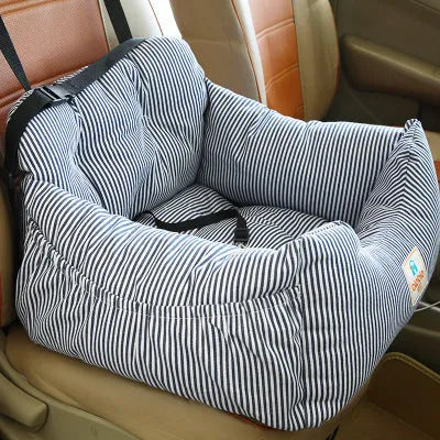 Travel car seat cushion for small dogs with raised sides in blue stripes on a car seat, Oxford cloth construction