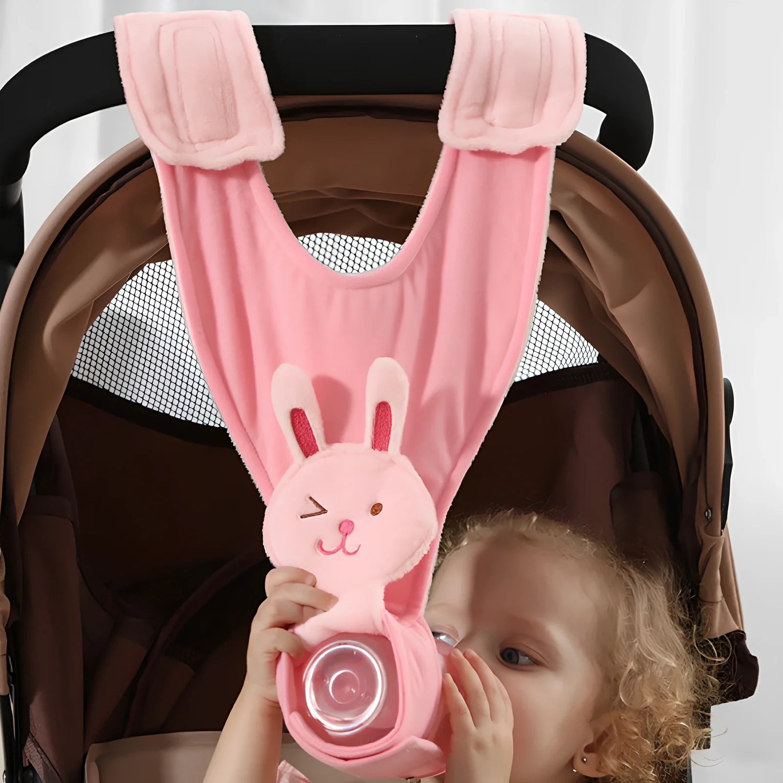 Breastfeeding pillow in duck pattern with Velcro straps, 60cm long, attached to stroller for baby support