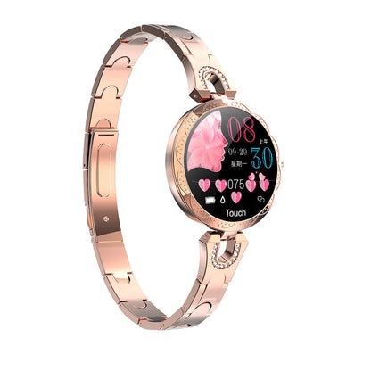 Women's waterproof smartwatch with heart rate monitor and stainless steel strap