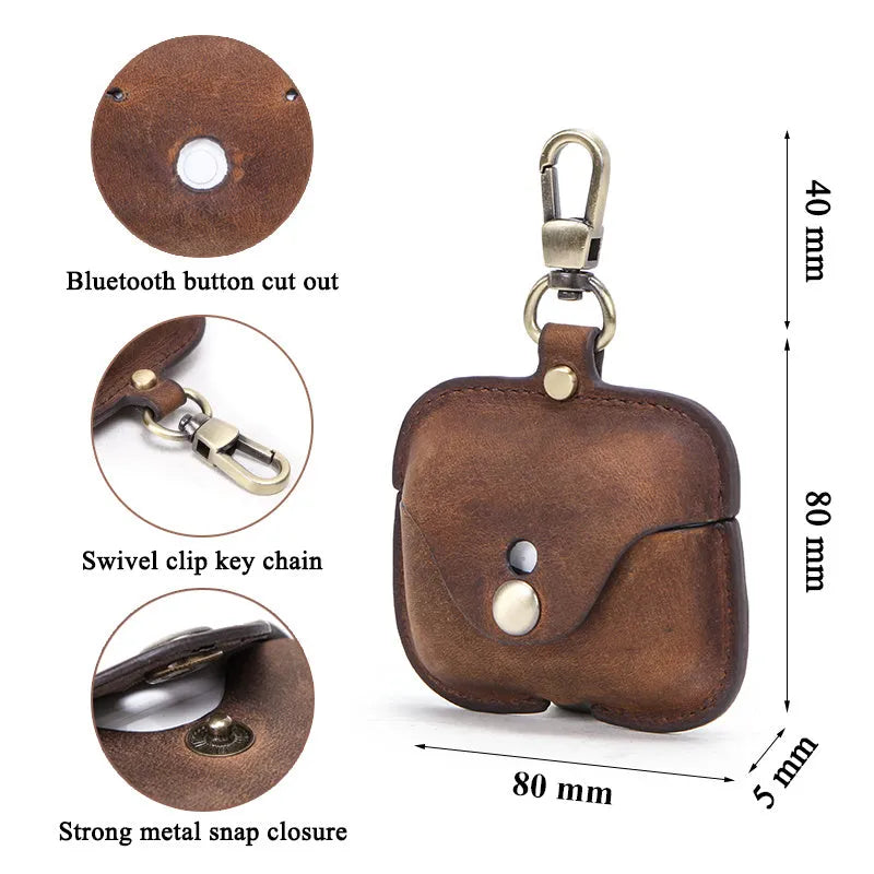 Brown leather AirPods Pro case with vintage clamshell design and crazy horse pattern texture
