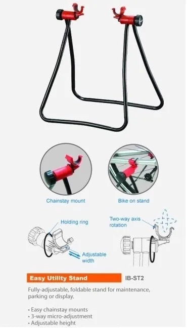 Black foldable aluminium bicycle repair rack with chain stay mounts and adjustable height for 20-29 inch bikes