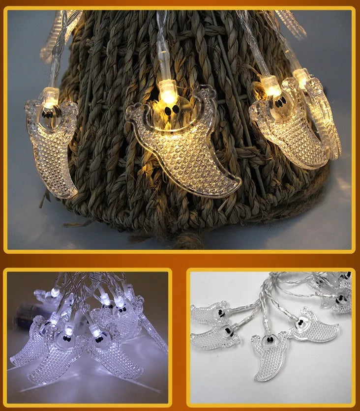 Halloween LED string lights with pumpkin, bat, ghost and spider decorations on a 1.2m waterproof battery-powered string