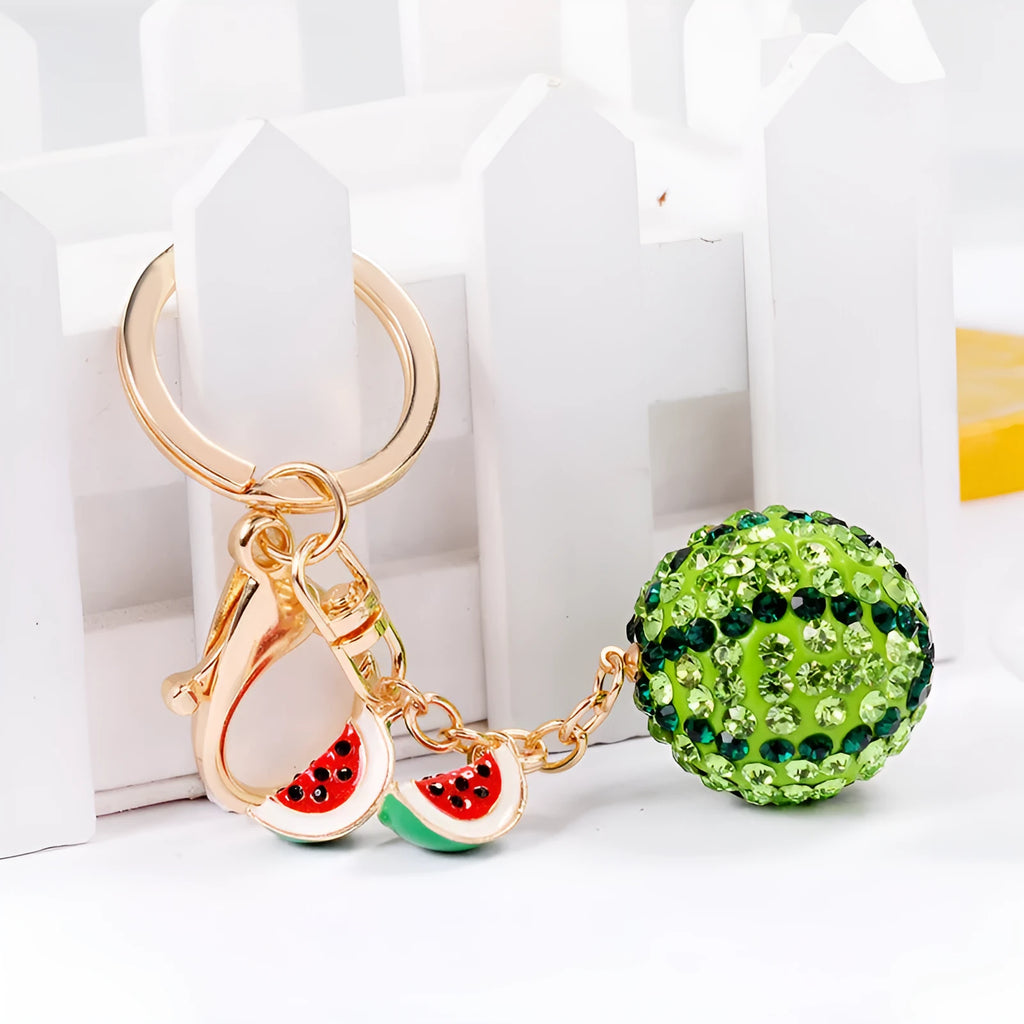 Green zinc alloy watermelon slice keychain measuring 12cm.