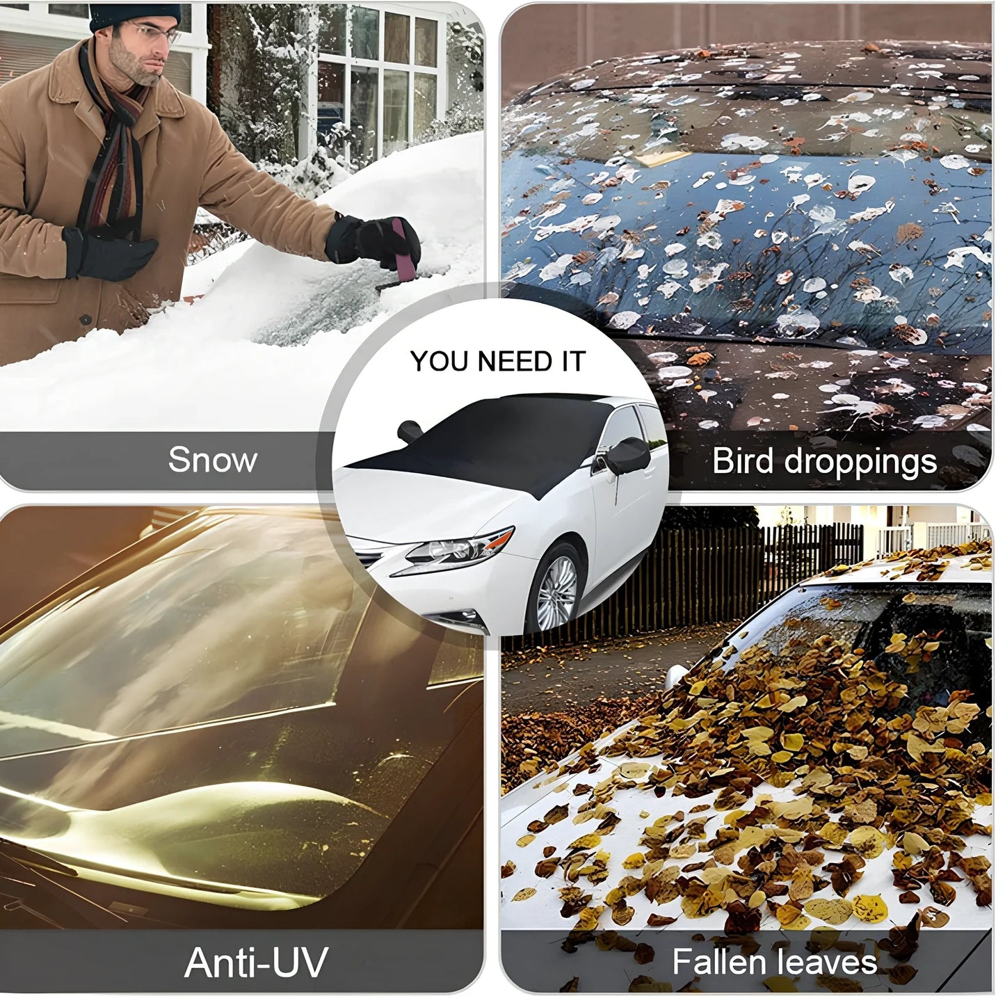 Car front snow cover with magnetic strips on silver Oxford cloth for winter protection