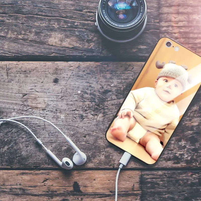 Custom patterned ultra-thin iPhone case with raised bumper edge, shown fitted on an iPhone.