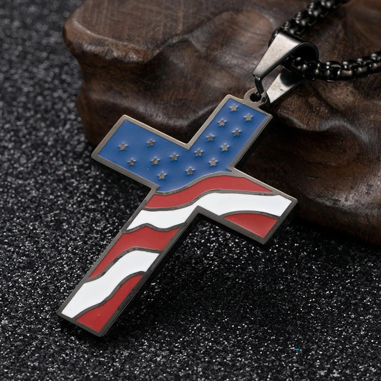 Men's stainless steel flag cross necklace in Black, Gold, and Silver options