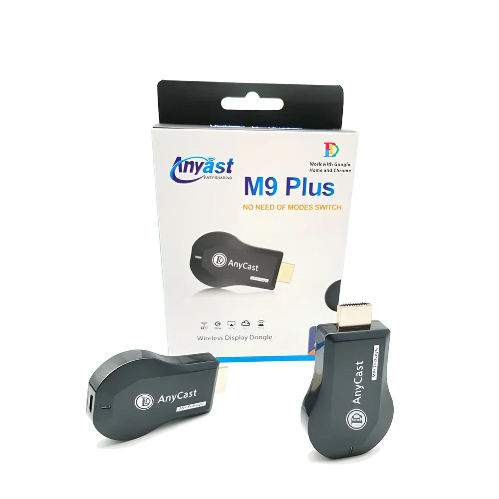 Compact 1080p wireless HDMI dongle in black, 6cm long with USB cable for TV streaming